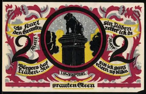 Notgeld Osnabrück 1921, 2 Mark, Löwenpudel und Stadtwappen mit Löwen und Schild