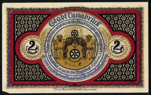 Notgeld Osnabrück 1921, 2 Mark, Löwenpudel und Stadtwappen mit Löwen und Schild