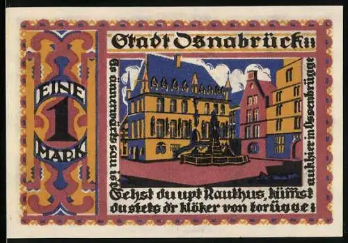 Notgeld Osnabrück1921, 1 Mark, Rathaus und Wappen, Druck Gebrüder Jänecke, Hannover