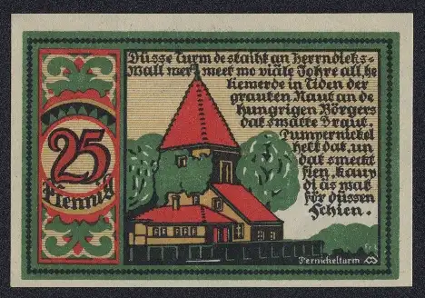 Notgeld Osnabrück 1921, 25 Pfennig, Pernickelturm und Text, Wappen