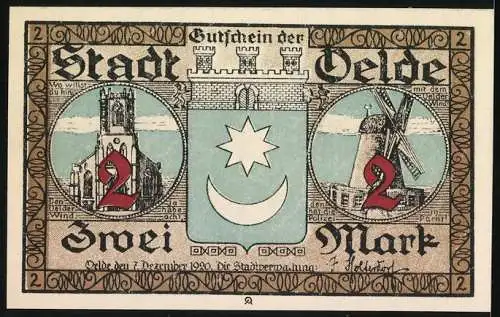 Notgeld Oelde 1920, 2 Mark, Kinder tanzen um Pyramide, Stadtwappen und Windmühle