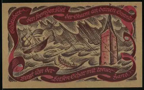 Notgeld Oldenburg 1921, 50 Pfennig, stürmische See und Leuchtturm, zwei Löwen mit Wappen