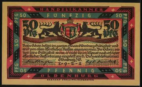 Notgeld Oldenburg 1921, 50 Pfennig, stürmische See und Leuchtturm, zwei Löwen mit Wappen