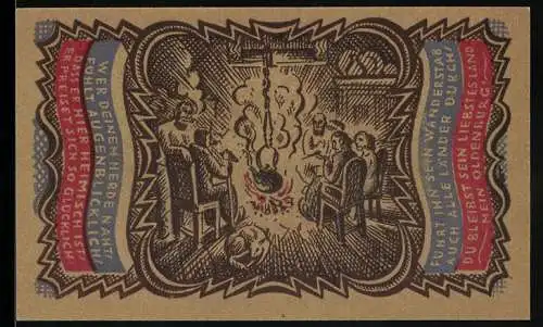 Notgeld Oldenburg 1921, 50 Pfennig, Lagerfeuer-Motiv mit Menschen, Wappen und Löwen.