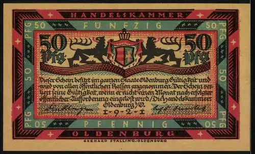 Notgeld Oldenburg 1921, 50 Pfennig, Lagerfeuer-Motiv mit Menschen, Wappen und Löwen.