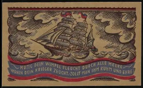 Notgeld Oldenburg 1921, 50 Pfennig, Segelschiff und Wappen mit Löwen und Schild