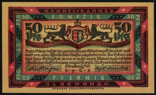 Notgeld Oldenburg 1921, 50 Pfennig, Segelschiff und Wappen mit Löwen und Schild