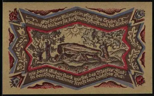 Notgeld Oldenburg 1921, 50 Pfennig, Landschaftsmotiv mit Spruch, Wappen und Löwen