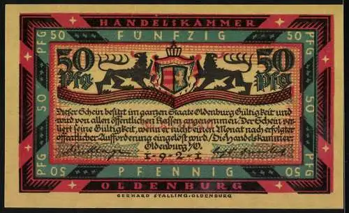 Notgeld Oldenburg 1921, 50 Pfennig, Landschaftsmotiv mit Spruch, Wappen und Löwen