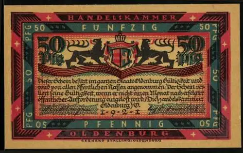 Notgeld Oldenburg 1921, 50 Pfennig, Wappen mit Löwen, Landschaft mit Pferden und Erntearbeiter