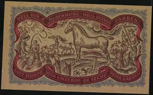 Notgeld Oldenburg 1921, 50 Pfennig, Wappen mit Löwen, Landschaft mit Pferden und Erntearbeiter