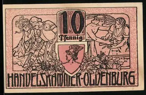 Notgeld Oldenburg 1918, 10 Pfennig, Krieger und Handwerker, Seriennummer und Wappen