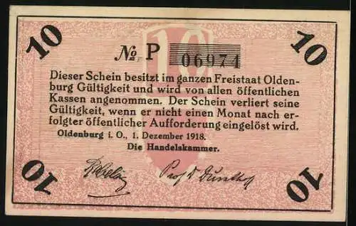 Notgeld Oldenburg 1918, 10 Pfennig, Krieger und Handwerker, Seriennummer und Wappen