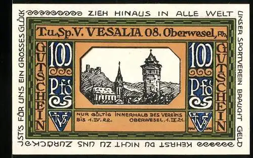 Notgeld Oberwesel 1921, 100 Pfennig, Sportverein Vesalia 08, Stadtansicht und Leichtathletik-Siegerehrung