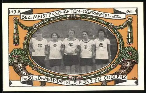 Notgeld Oberwesel 1921, 100 Pfennig, Damenstaffel Sieger T.G. Coblenz, Vesalia 08, Stadtansicht und Vereinsdetails