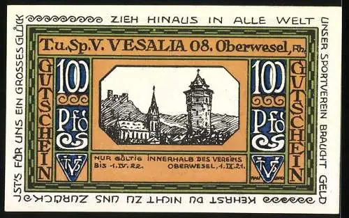 Notgeld Oberwesel 1921, 100 Pfennig, Damenstaffel Sieger T.G. Coblenz, Vesalia 08, Stadtansicht und Vereinsdetails