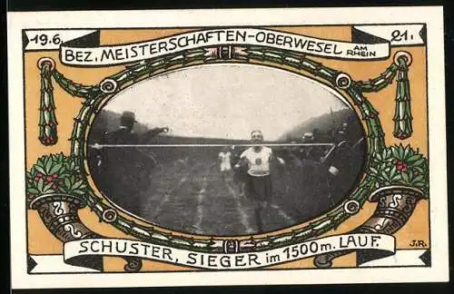 Notgeld Oberwesel 1921, 75 Pfennig, Schuster Sieger im 1500m Lauf, Vesalia 08, Stadtbild mit Turm