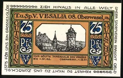 Notgeld Oberwesel 1921, 75 Pfennig, Schuster Sieger im 1500m Lauf, Vesalia 08, Stadtbild mit Turm