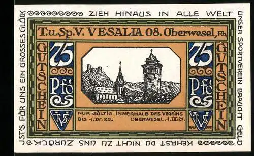 Notgeld Oberwesel 1921, 75 Pfennig, Vereinsgebäude und Siegerehrung im 100m Lauf, Vesalia 08