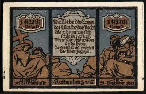 Notgeld Rothenburg 1921, 1 Mark, Stadtmauer und religiöse Szene