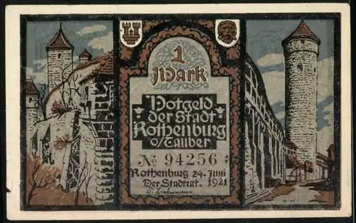 Notgeld Rothenburg 1921, 1 Mark, Stadtmauer und religiöse Szene