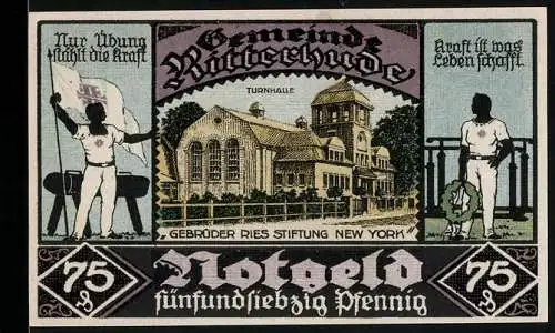 Notgeld Ritterhude 1921, 75 Pfennig, Turnhalle und Porträt von Ludwig Jahn