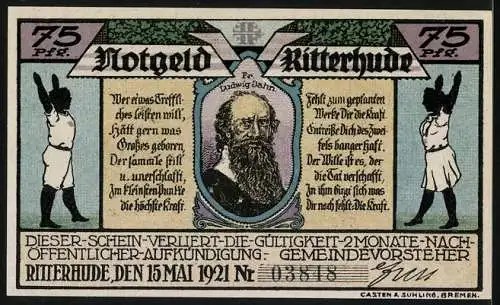 Notgeld Ritterhude 1921, 75 Pfennig, Turnhalle und Porträt von Ludwig Jahn