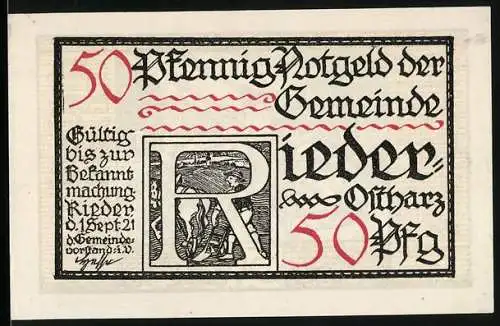 Notgeld Rieder 1921, 50 Pfennig, historisches Kampfmotiv und Textpassagen