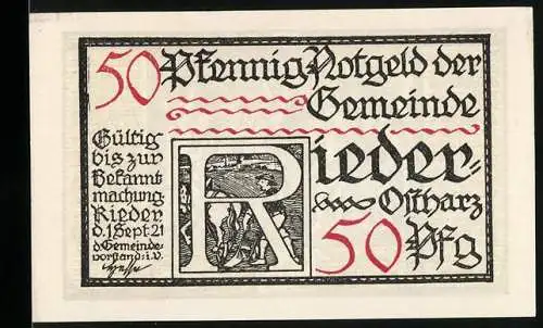 Notgeld Rieder 1921, 50 Pfennig, Reiter mit Soldaten und Schriftzug