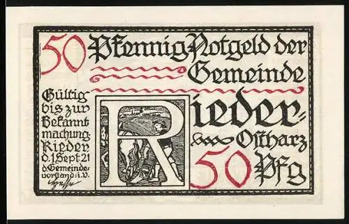 Notgeld Rieder 1921, 50 Pfennig, Szene mit Bauern und Tieren, Text am Rand