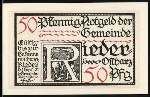 Notgeld Rieder 1921, 50 Pfennig, mittelalterliche Szene und Text, 50 in Rot und Schwarz