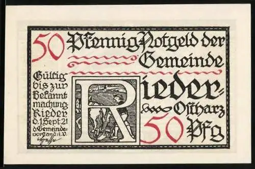 Notgeld Rieder 1921, 50 Pfennig, Andreas Kuester Grabmal, gotische Inschrift und Ornamentik