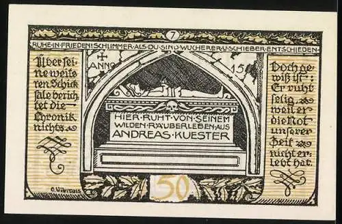 Notgeld Rieder 1921, 50 Pfennig, Andreas Kuester Grabmal, gotische Inschrift und Ornamentik