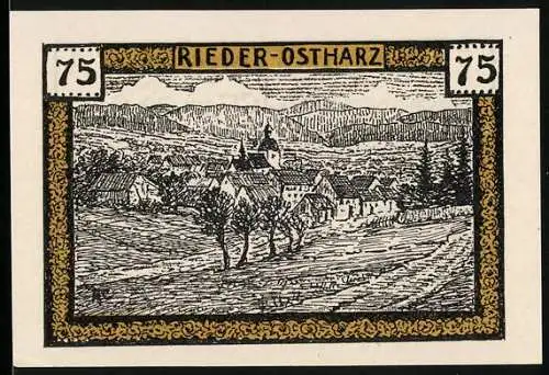 Notgeld Rieder - Ostharz 1921, 75 Pfennig, Dorfszene und landwirtschaftliche Motive