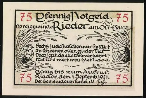 Notgeld Rieder - Ostharz 1921, 75 Pfennig, Dorfszene und landwirtschaftliche Motive