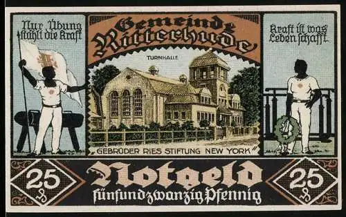 Notgeld Ritterhude 1921, 25 Pfennig, Turnhalle und Ludwig Jahn, Seriennummer 05153