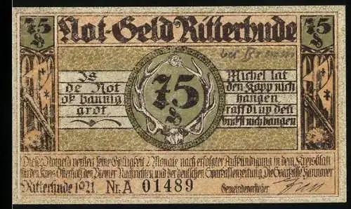 Notgeld Ritterhude 1921, 75 Pfennig, Hirschgeweih und Schloss, Seriennummer 01489