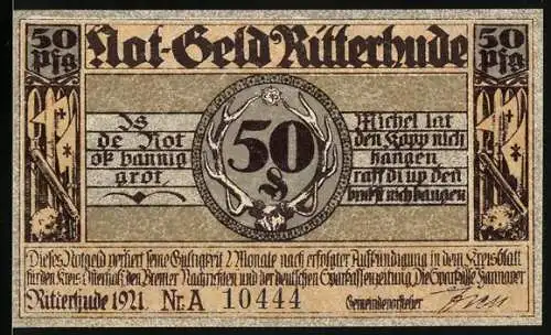 Notgeld Ritterhude 1921, 50 Pfennig, Schloss und Ritterfiguren, Seriennummer 10444