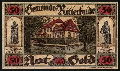 Notgeld Ritterhude 1921, 50 Pfennig, Schloss und Ritterfiguren, Seriennummer 10444