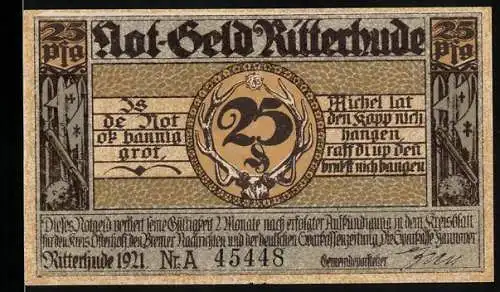 Notgeld Ritterhude 1921, 25 Pfennig, Schloss mit Rittern und dekorativen Elementen