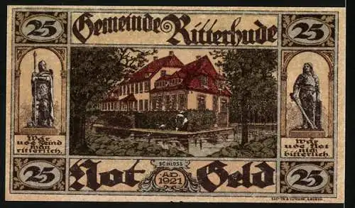 Notgeld Ritterhude 1921, 25 Pfennig, Schloss mit Rittern und dekorativen Elementen