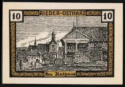 Notgeld Rieder - Ostharz 1921, 10 Pfennig, Am Rathaus, landwirtschaftliche Motive