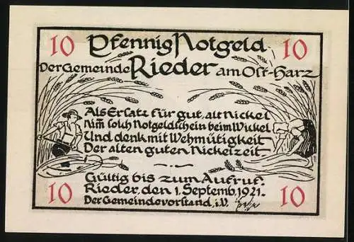 Notgeld Rieder - Ostharz 1921, 10 Pfennig, Am Rathaus, landwirtschaftliche Motive