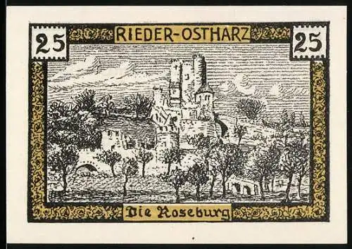 Notgeld Rieder - Ostharz 1921, 25 Pfennig, Die Roseburg, Erntearbeiter und Getreidehalme