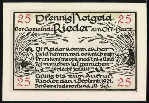 Notgeld Rieder - Ostharz 1921, 25 Pfennig, Die Roseburg, Erntearbeiter und Getreidehalme