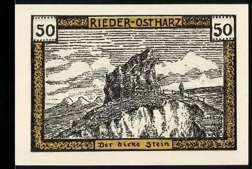 Notgeld Rieder - Ostharz 1921, 50 Pfennig, Der dicke Stein, Getreideernte-Szene