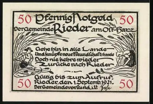 Notgeld Rieder - Ostharz 1921, 50 Pfennig, Der dicke Stein, Getreideernte-Szene