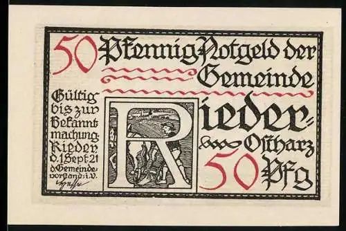 Notgeld Rieder 1921, 50 Pfennig, Reiter mit Landschaft und historischem Text.