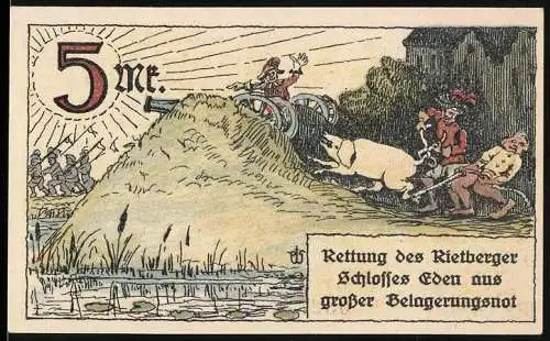 Notgeld Rietberg 1921, 5 Mark, Rettung des Rietberger Schlosses Eden aus grosser Belagerungsnot