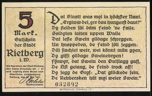 Notgeld Rietberg 1921, 5 Mark, Rettung des Rietberger Schlosses Eden aus grosser Belagerungsnot